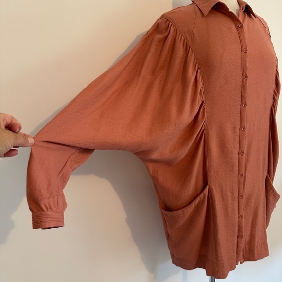 Free People Batwing Rustic Orange Brown Button Front Pockets Shirt Fall Sz S - Picture 4 of 12